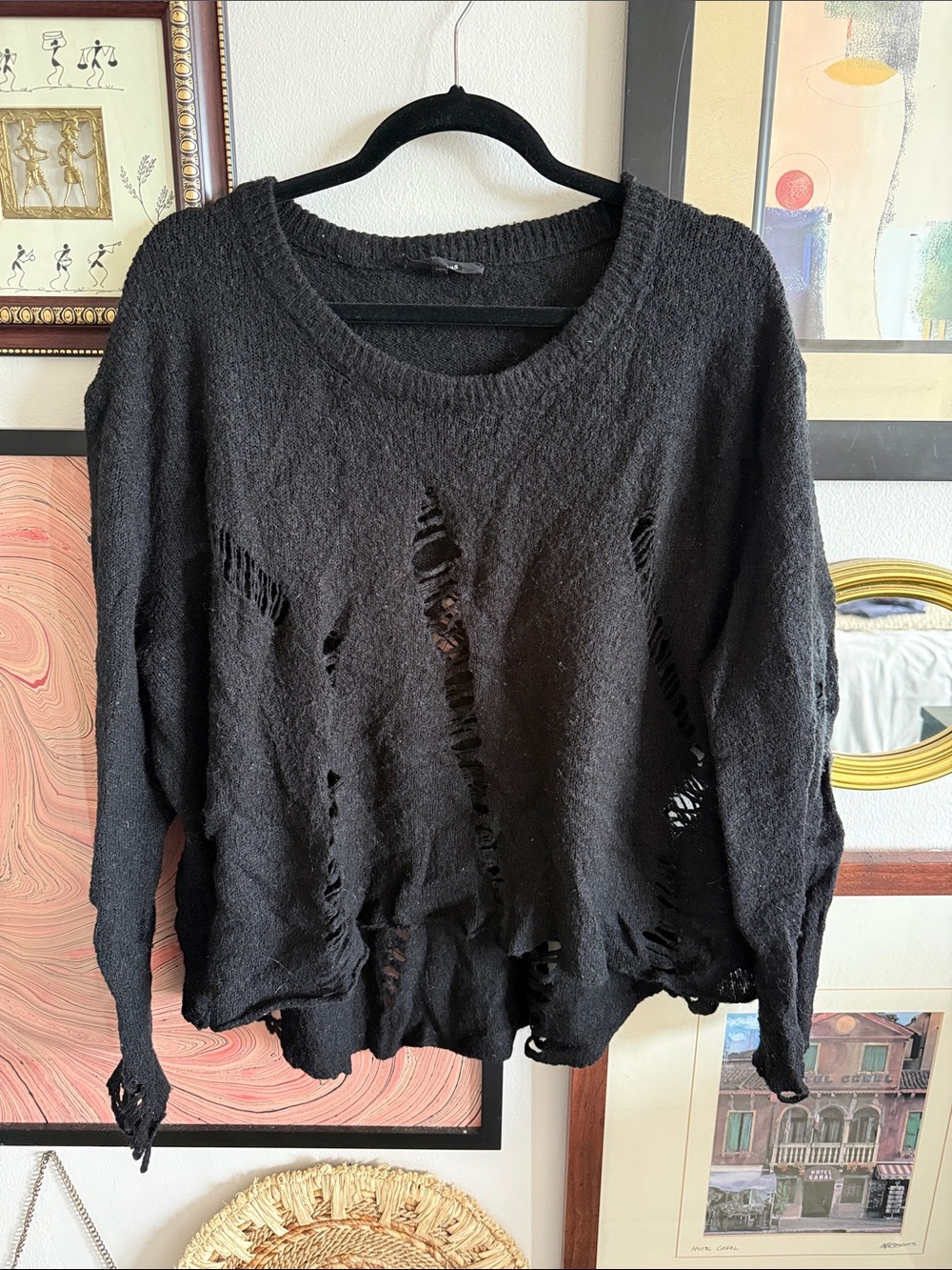 Olivaceous Black Distressed Knit Pullover Hoodie